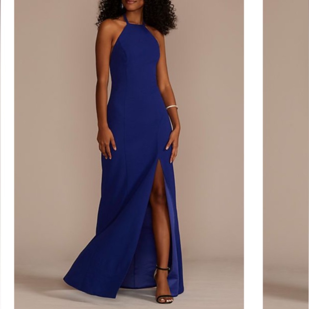 NWT Blue Crepe Halter Dress with Fringe Back